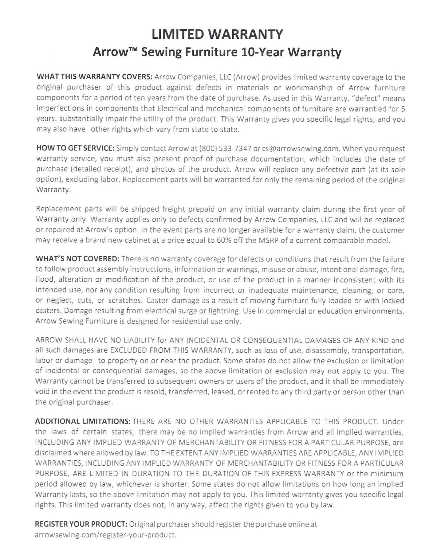 Arrow Furniture Warranty