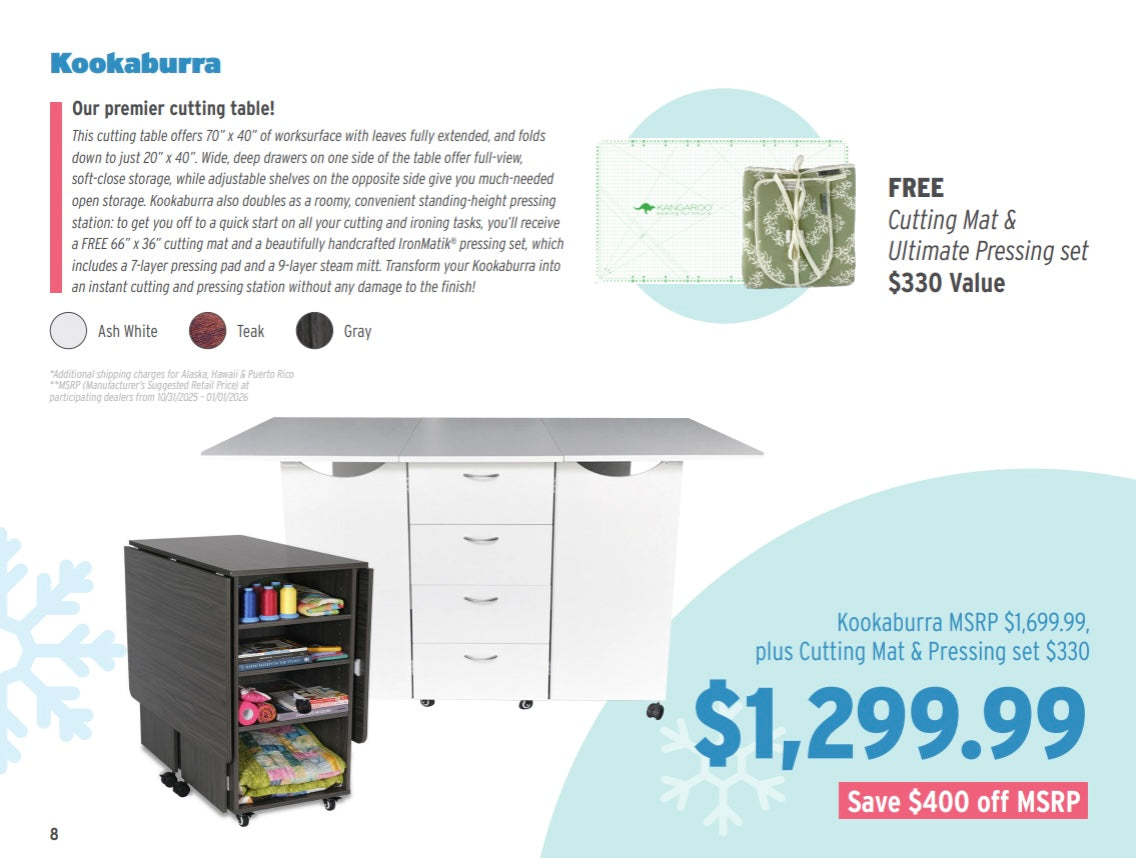 KOOKABURRA CUTTING TABLE ***Free Cutting Mat & Pressing Pad with Purchase through January 1st***