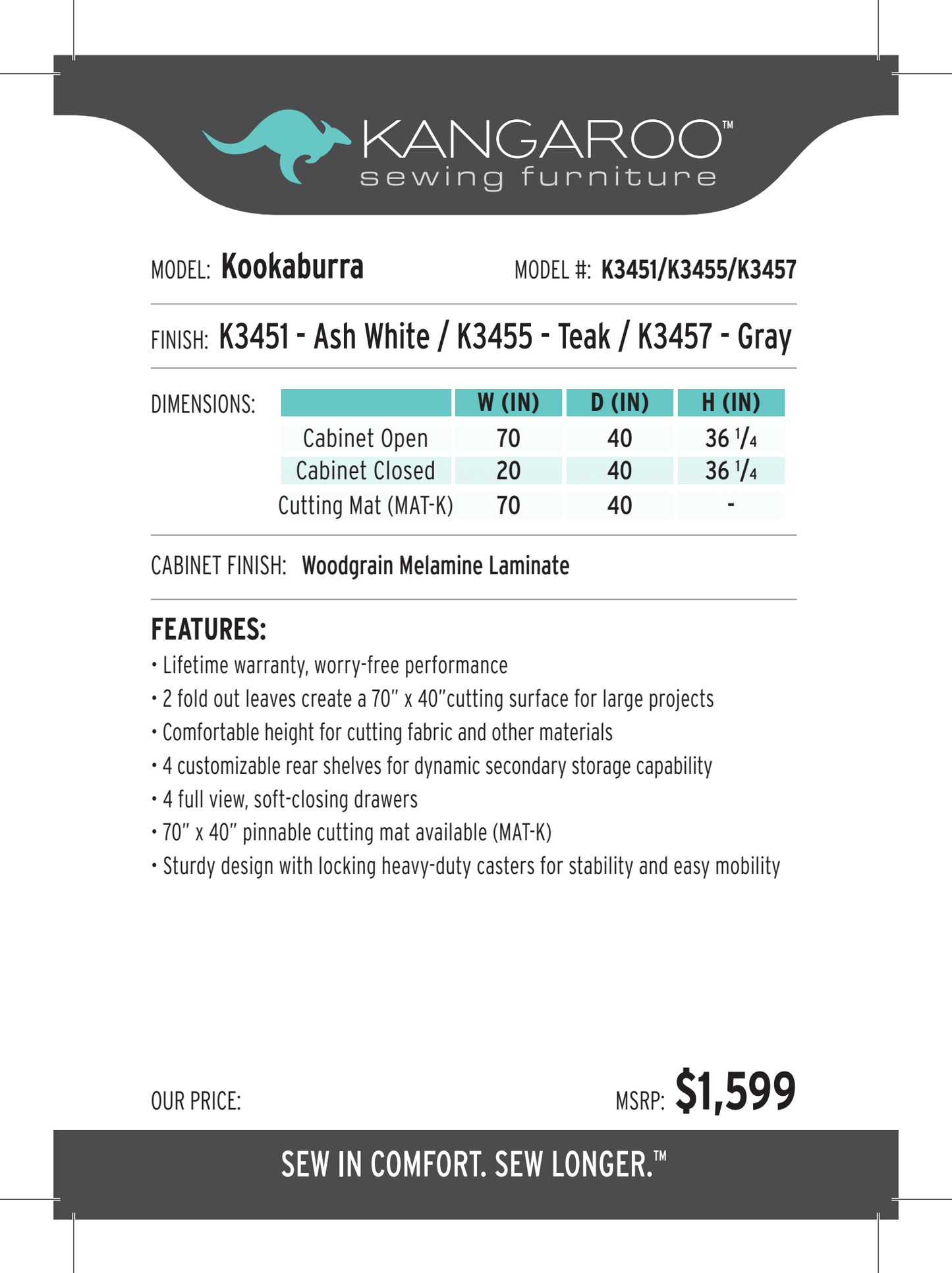 KOOKABURRA CUTTING TABLE ***Free Cutting Mat & Pressing Pad with Purchase through January 1st***