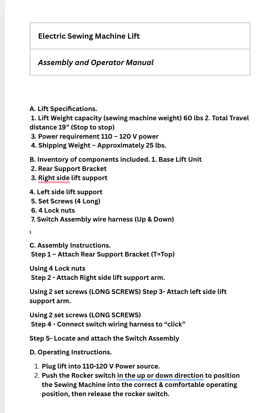 Electric Sewing Machine Lift