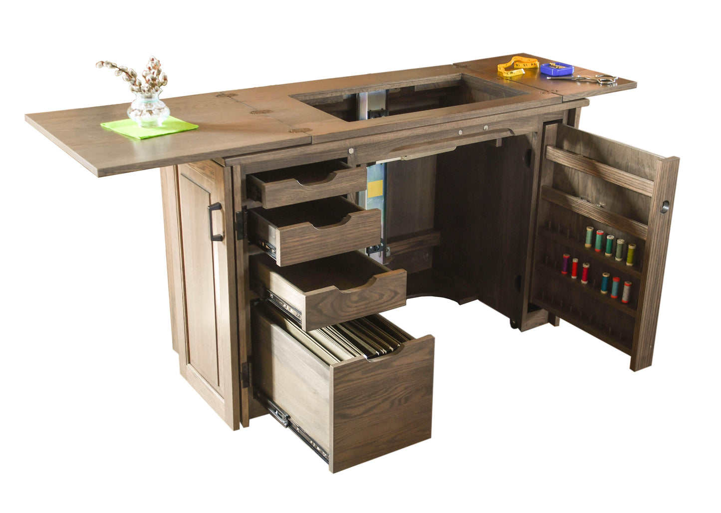 Flat Ridge Furniture Sewing Cabinet With Extensions 152, open and up with drawers open