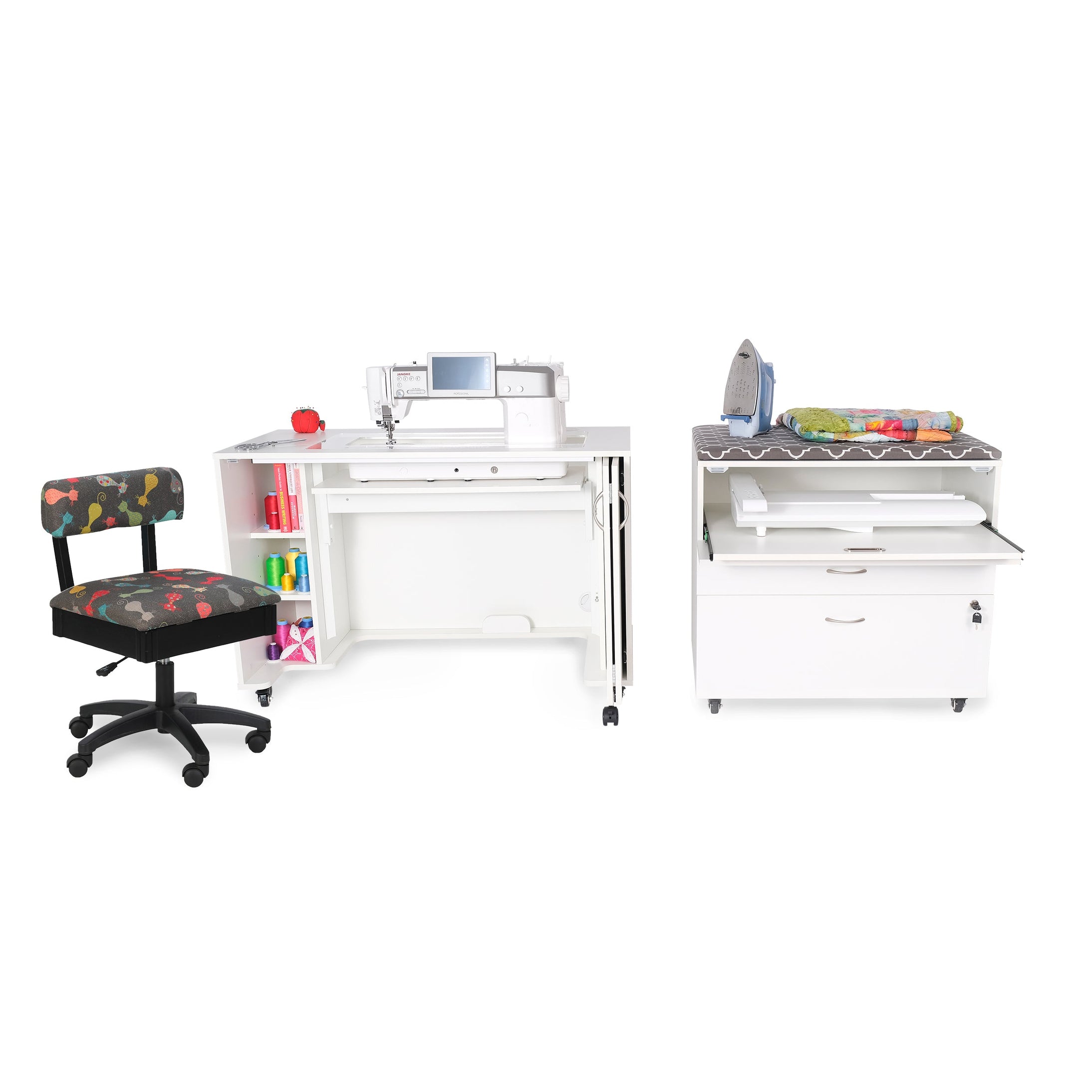 MOD XL Hydraulic Sewing  Cabinet with Embroidery Storage Cabinet & Hydraulic Chair Bundle