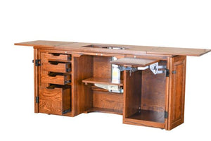 Flat Ridge Furniture 165A Sewing Cabinet with Serger and Extensions. Open, side view. Amish sewing furniture.